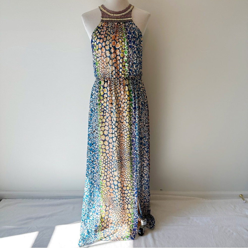 Charlie Jade Beaded Halter Neck Blue Green Colorful Party Maxi Dress, size M - Picture 1 of 16